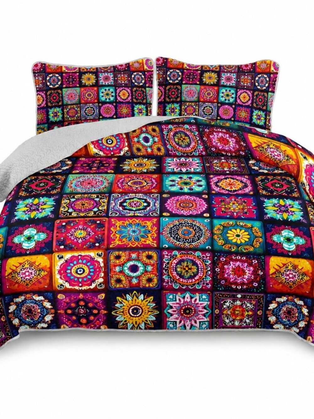 Boho Floral Quilt Set Queen Size, Colorful Mandala Bohemian Ethnic Flower